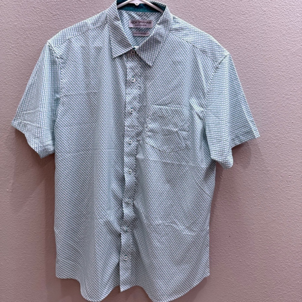 Nick Graham Mens Button Down Shirt XL White & Blue Pattern Stretch Short Sleeve